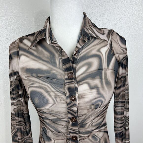 Miss Lola Dress Women Small Brown Retro Mesh Long Sleeve Button Up Casual Mini - Picture 7 of 15